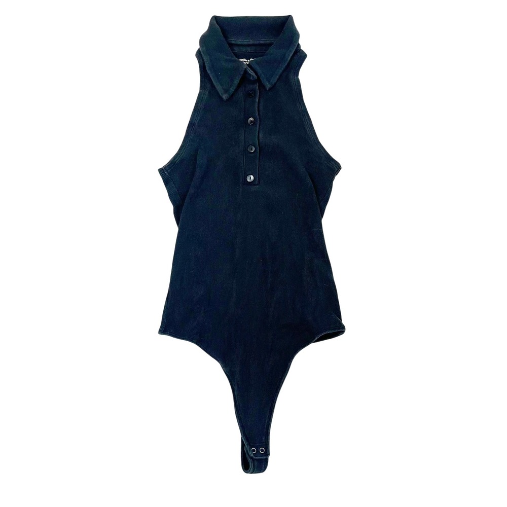 Abercrombie & Fitch Black Ribbed Halter Polo Bodysuit Small Sleeveless Collared